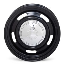 Jante Rally 10x15 noir brillant avec enjoliveur chromé, vue avant