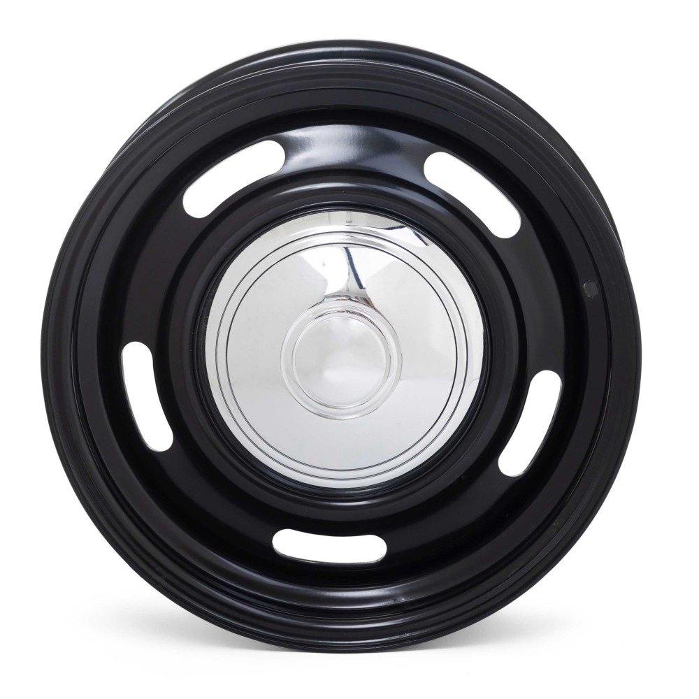 Jante Rally 10x15 noir brillant avec enjoliveur chromé, vue avant