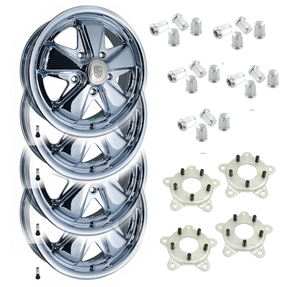 x4 Jantes Fuchs 911, 100% polie avec sigle Porsche kit complet