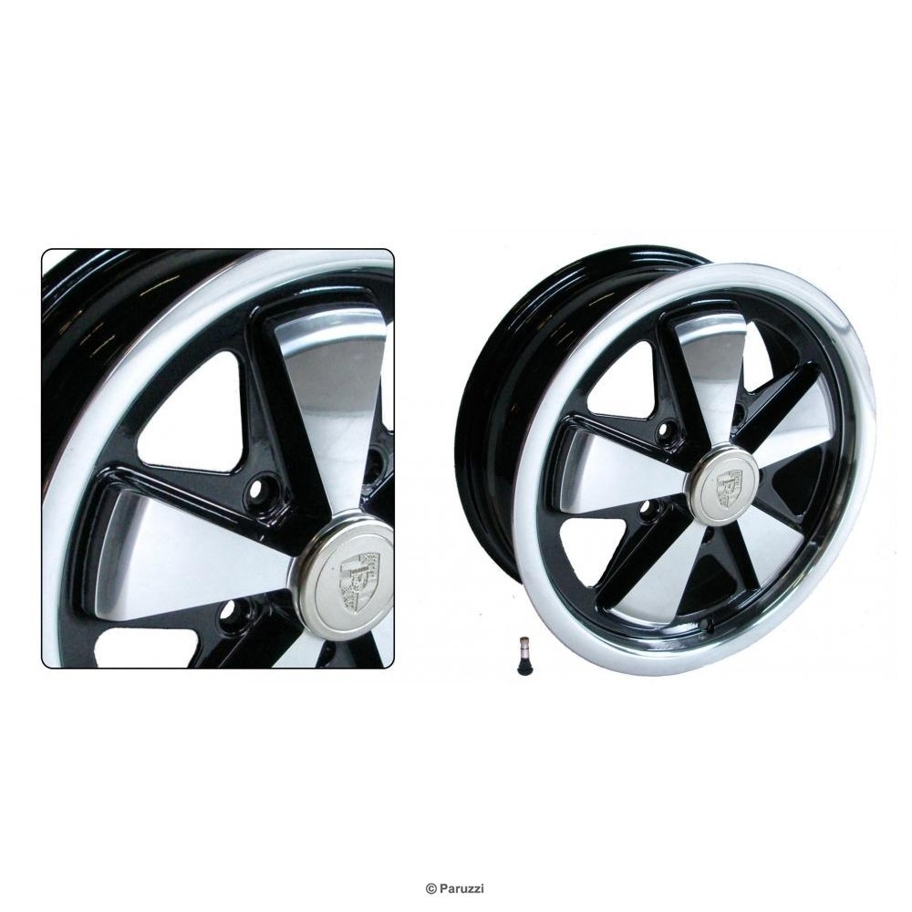 Jantes Fuchs 911, branches polies, c≈ìur noir, sigle Porsche (la pi√®ce)